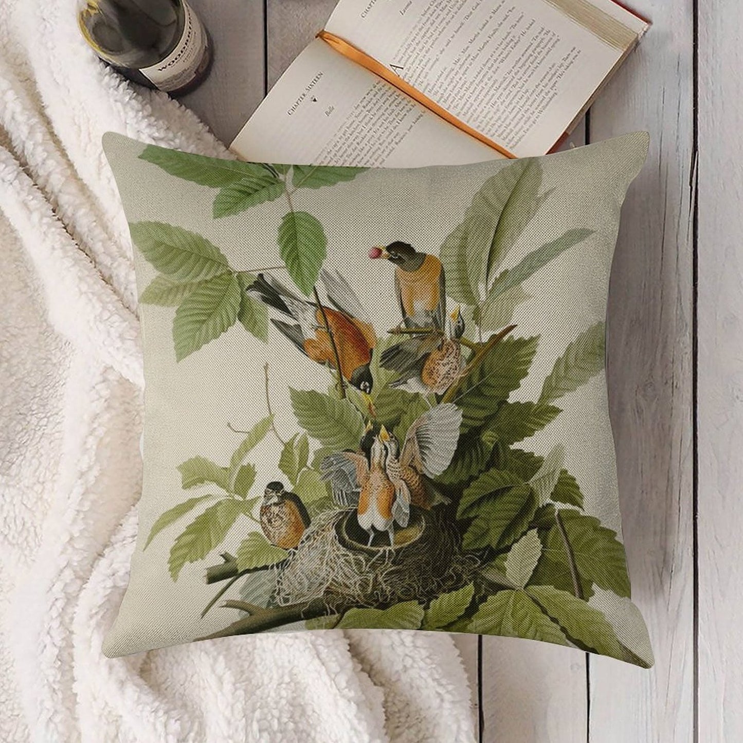 American Robin - John James Audubon Birds of America Linen Throw Pillow Cover