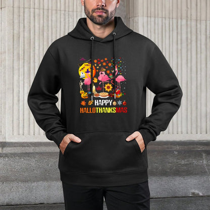 Happy Hallothanksmas Flamingo Halloween Thanksgiving Xmas Machine Washable Hoodie