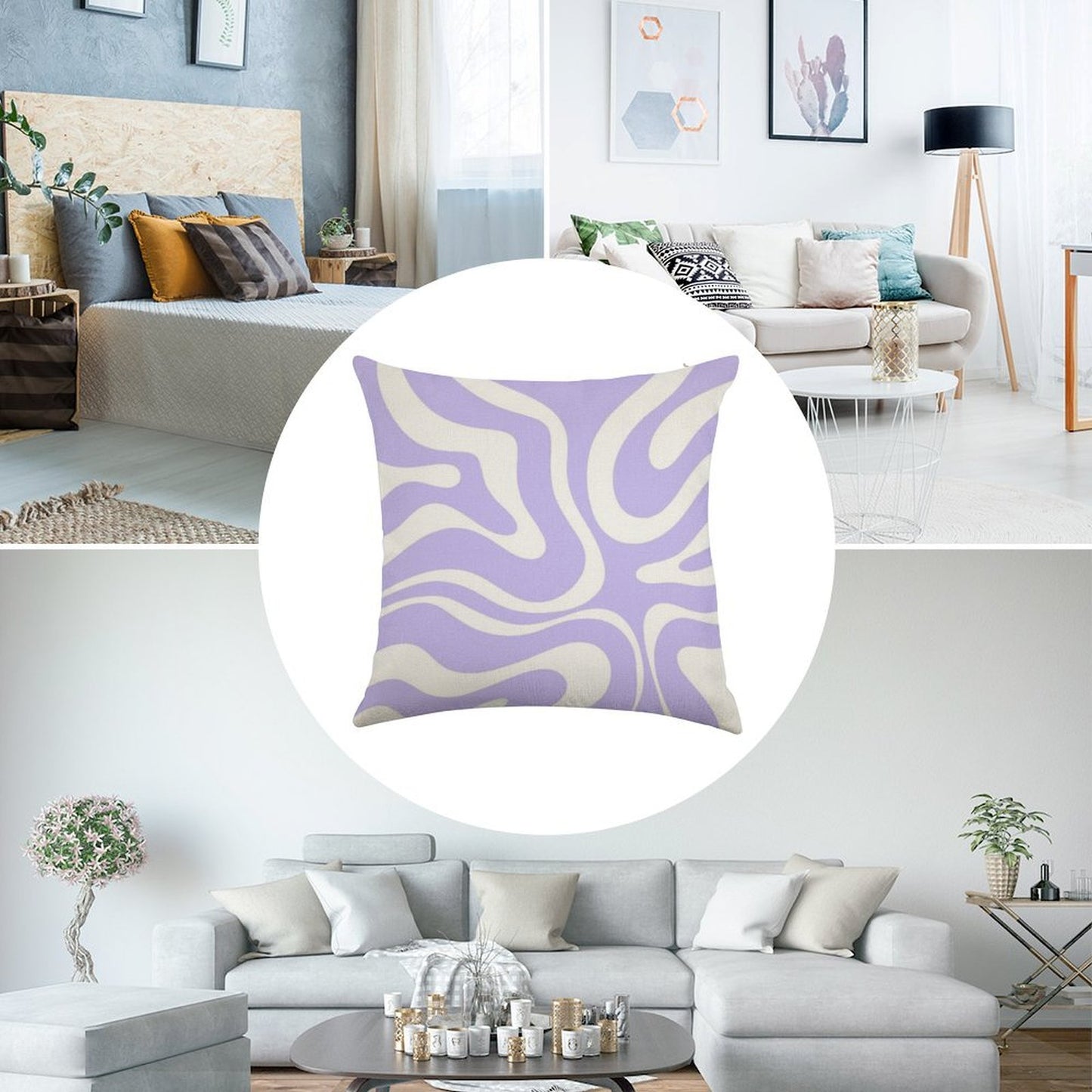 Retro Modern Liquid Swirl Abstract Pattern Square in Light Purple And White Linen Throw Pillow Cover