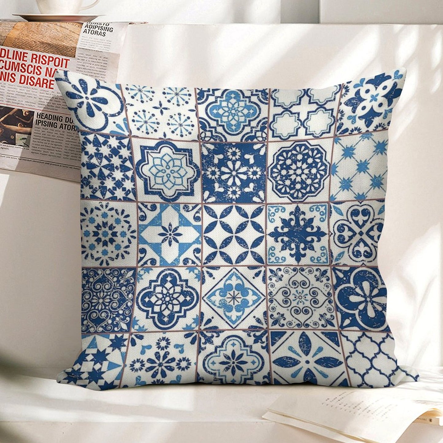 Portuguese Azulejos Linen Throw Pillow Cover