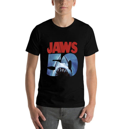 Jaws 50th Anniversary Logo Front & Back  Cotton T-Shirt