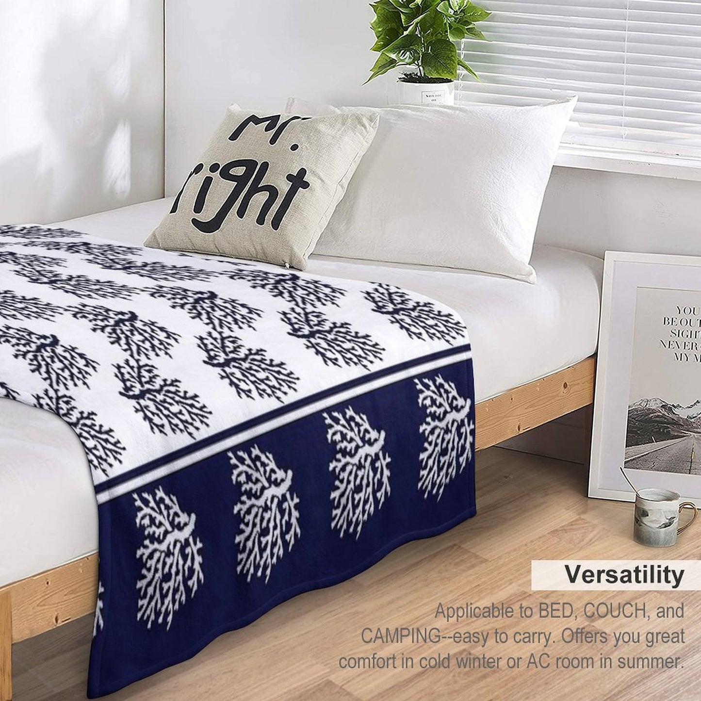 White And Navy Blue Corals Pattern Throw Blanket