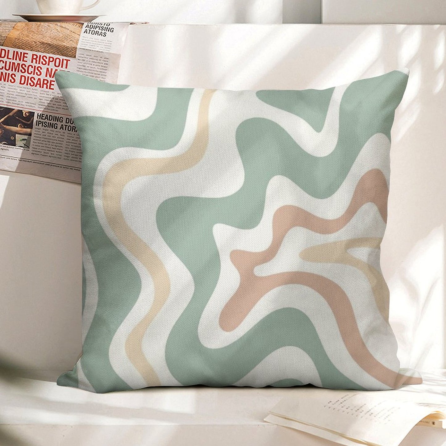 Liquid Swirl Retro Abstract in Light Sage Celadon Green, Light Blush, Cream, And White Linen Throw Pillow Cover