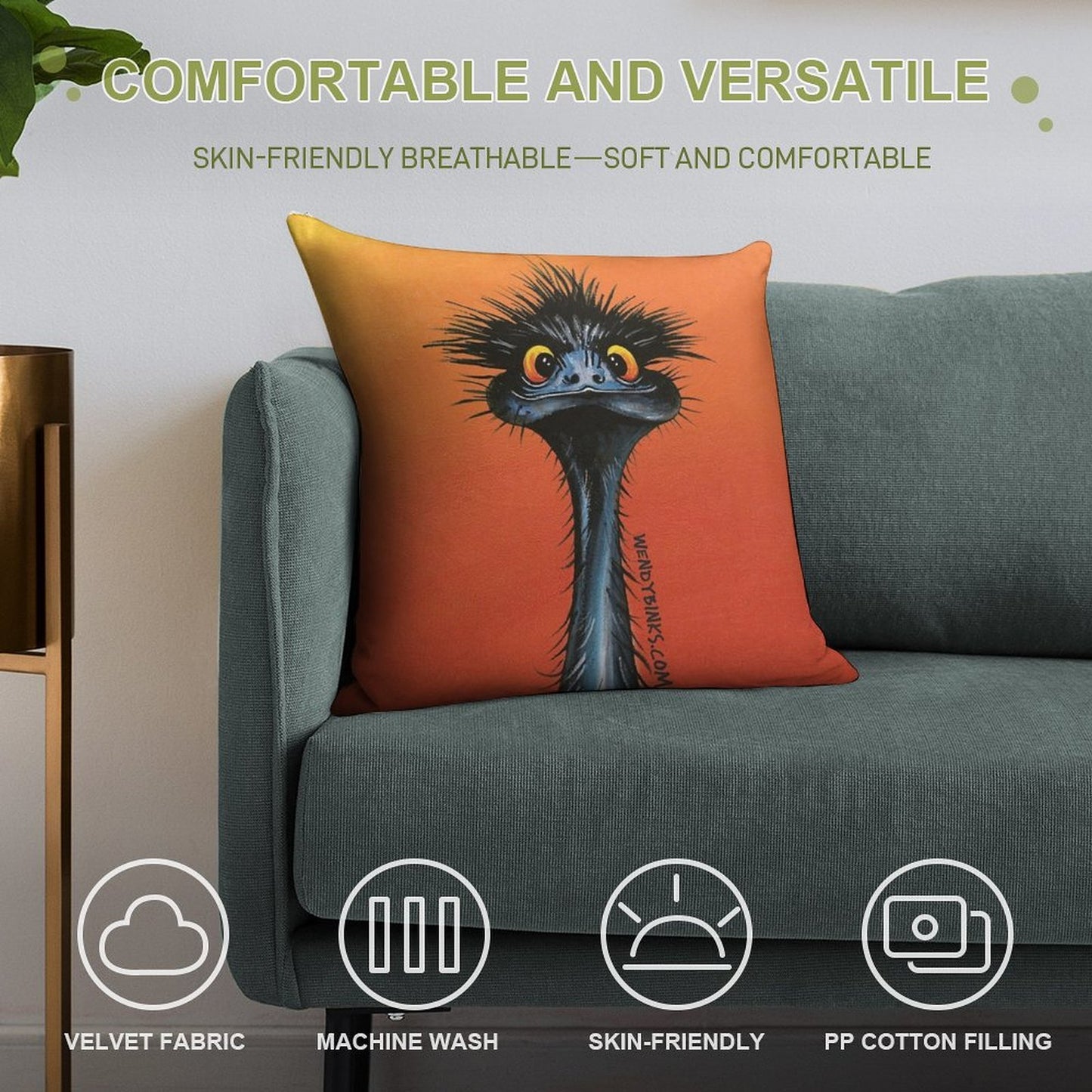 Stunned Emu with Sunset Soft Durable Construction Throw Pillow