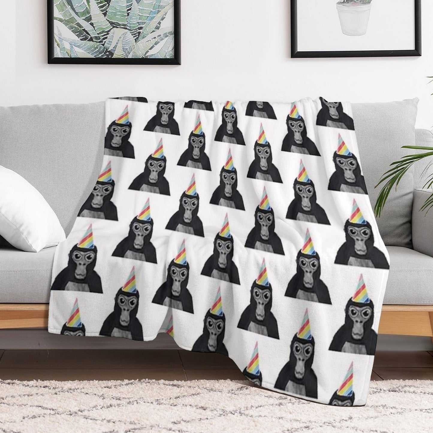 Gorilla Tag Monkey with Birthday Hat Throw Blanket