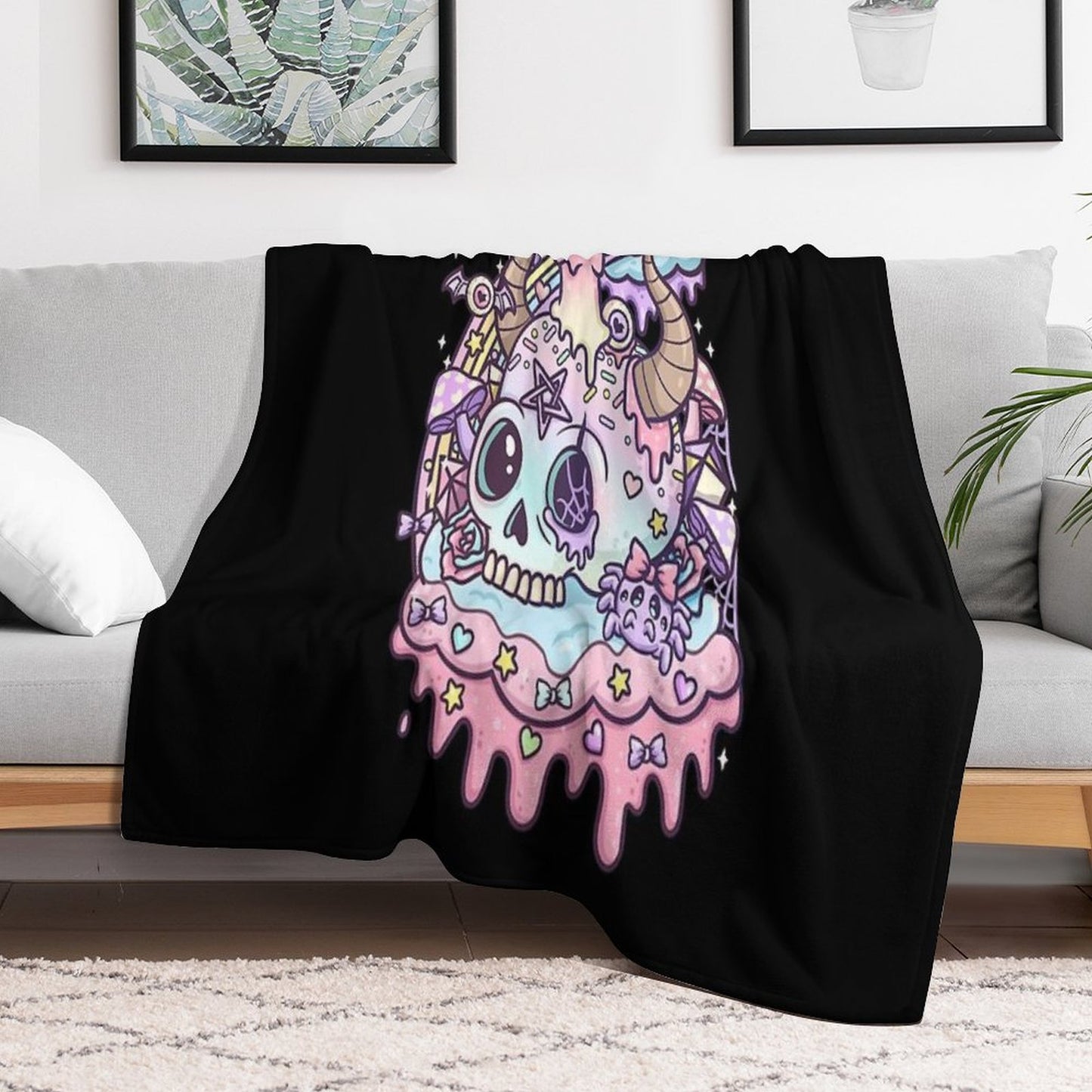 Pastel Goth Skull Kawaii Throw Blanket