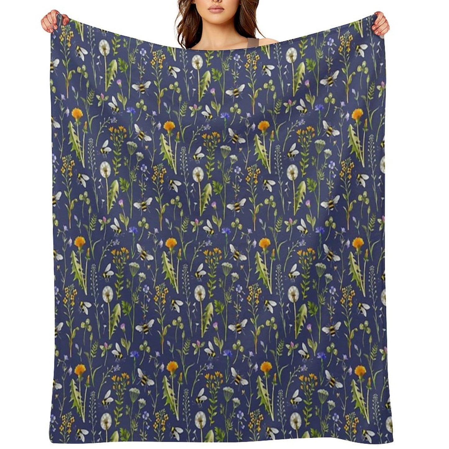 Bees And Wildflowers  Dark Blue Throw Blanket