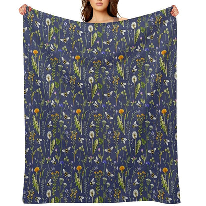 Bees And Wildflowers  Dark Blue Throw Blanket