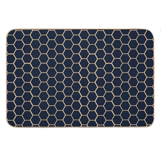 Geometric Light Yellow And Dark Blue Honeycomb Pattern Bath Mat