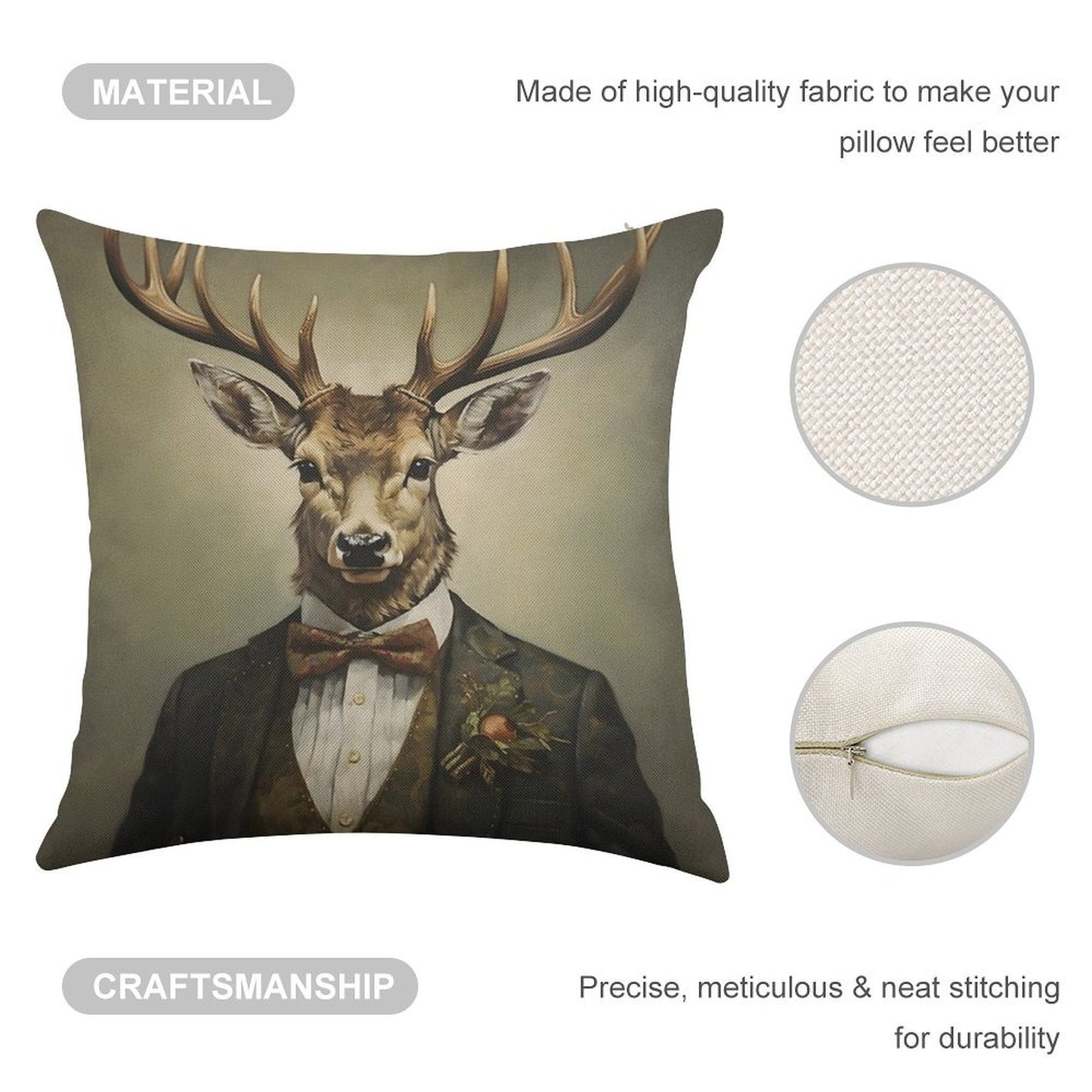 Dapper Deer Portrait Art Linen Throw Pillow Cover
