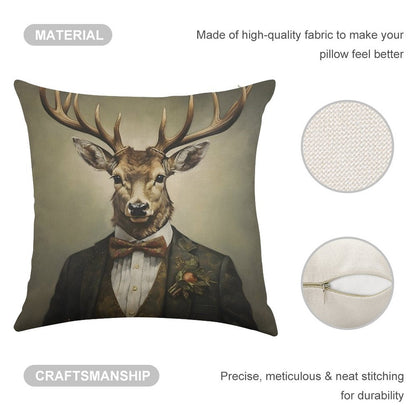 Dapper Deer Portrait Art Linen Throw Pillow Cover