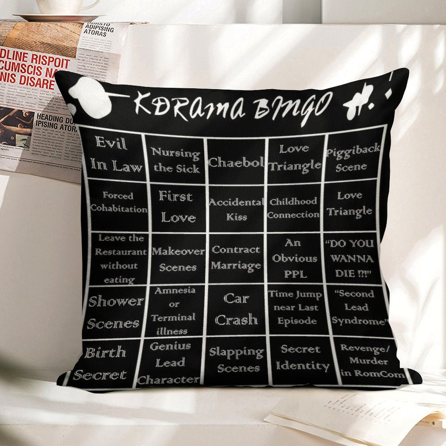 Korean Drama Bingo Linen Throw Pillow Cover