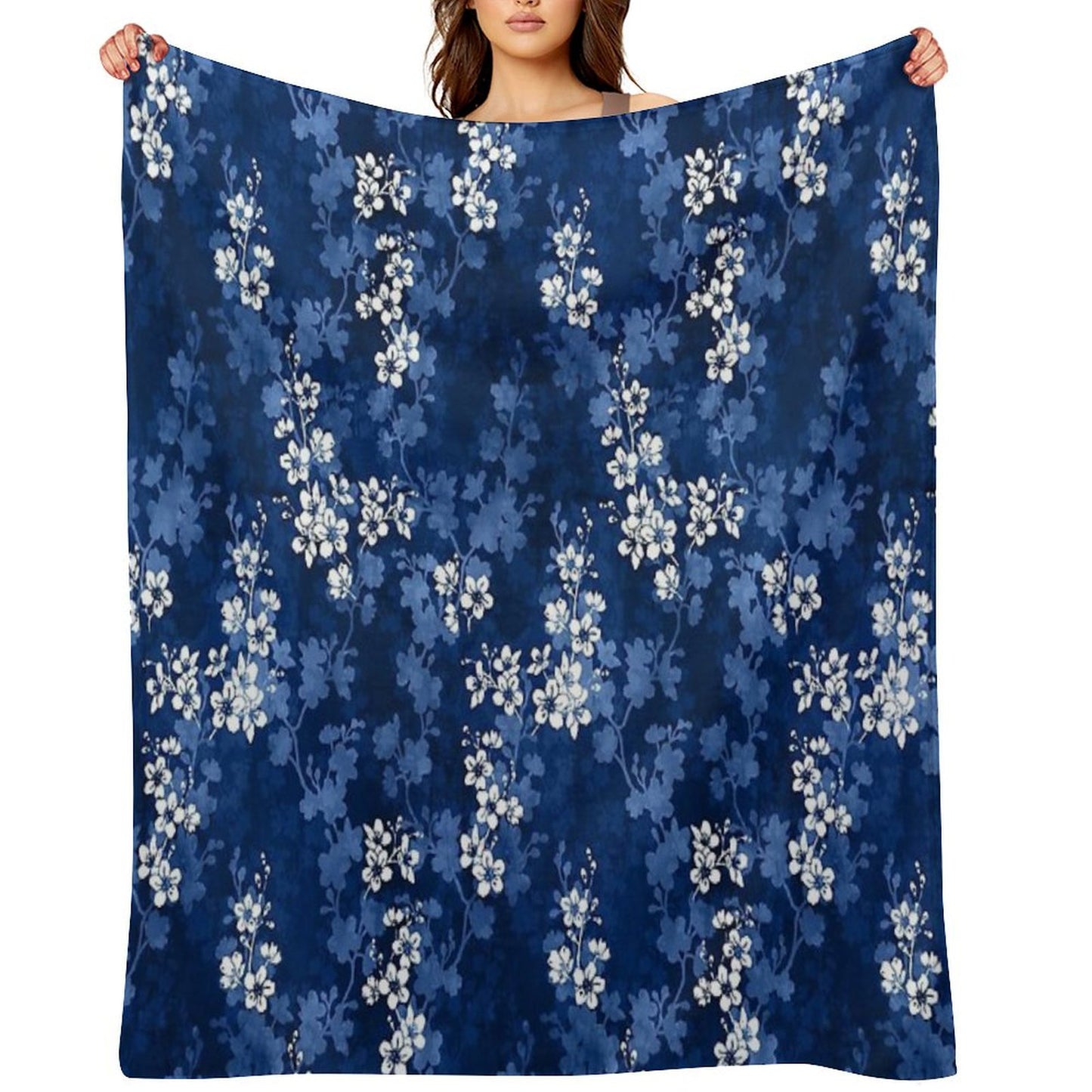 Sakura Blossom in Deep Blue Throw Blanket