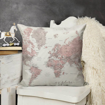 Explore - Dusty Pink And Grey Watercolor World Map, Detailed Linen Throw Pillow Cover