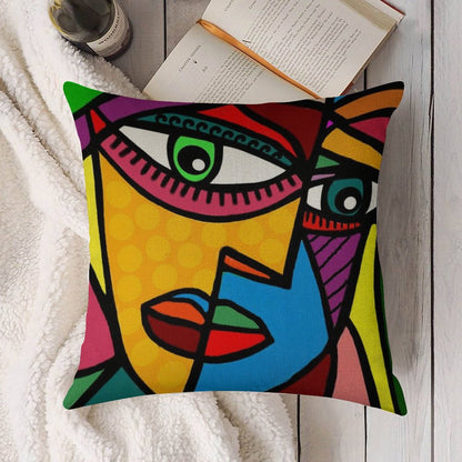 Funky Abstract Face Linen Throw Pillow Cover