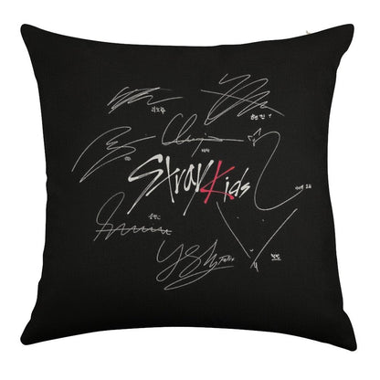 Stray Kids OT8 - Logo with Signatures (black) Linen Throw Pillow Cover