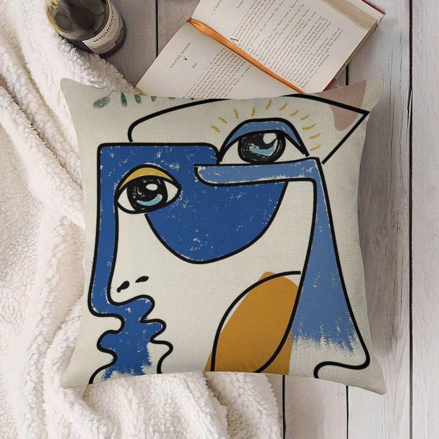 Minimal  Cute Face Linen Throw Pillow Cover