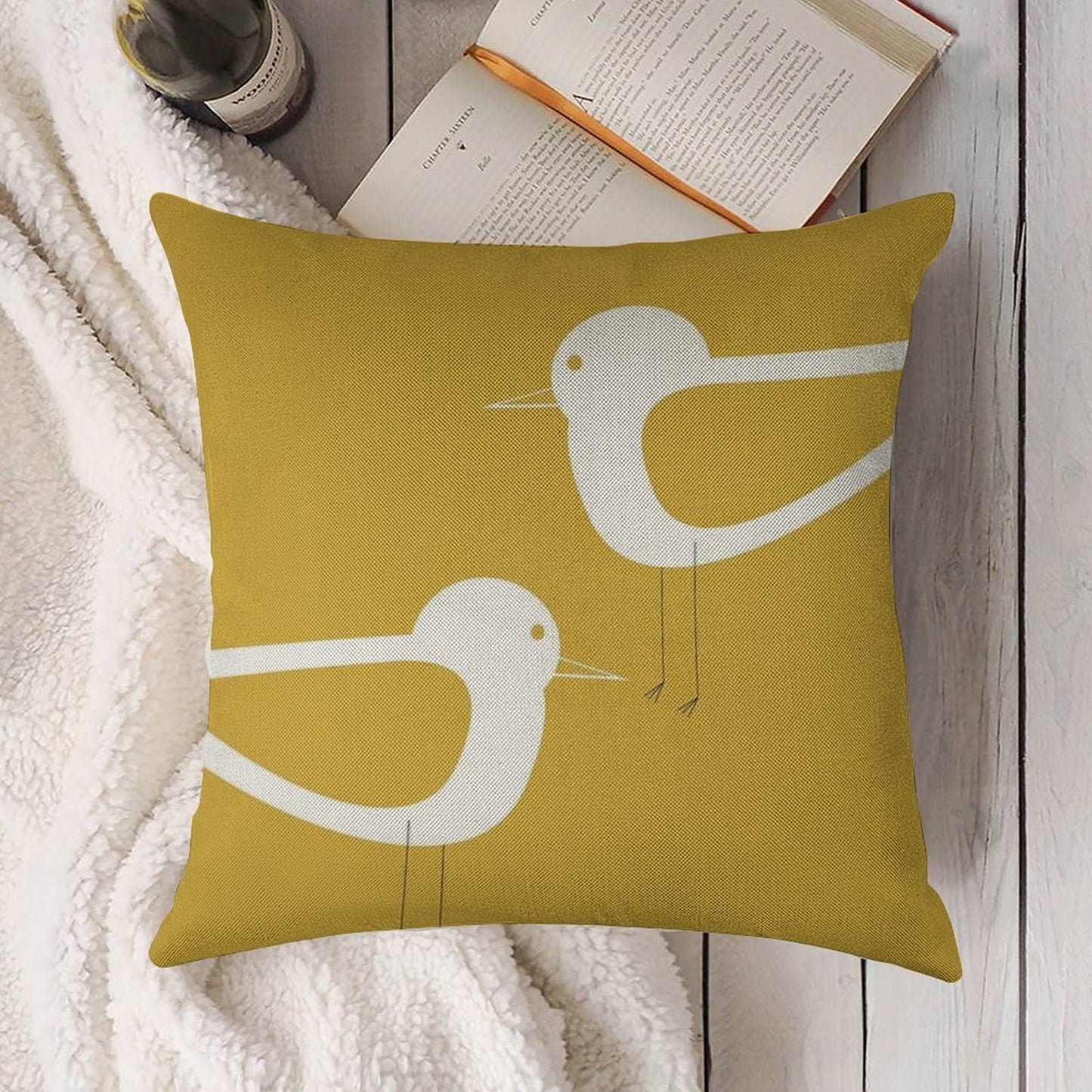 Shorebird Pair in Light Mustard Yellow And White. Minimalist. Clean. Cute. Coastal Linen Throw Pillow Cover