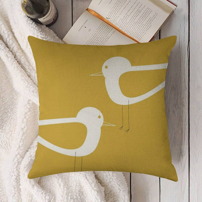 Shorebird Pair in Light Mustard Yellow And White. Minimalist. Clean. Cute. Coastal Linen Throw Pillow Cover