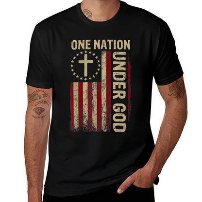 One Nation Under God 4th Of July Patriotic Christian  Rolled Sleeves T-Shirt
