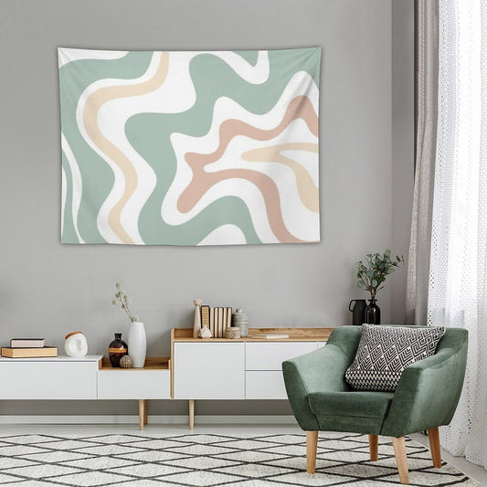 Liquid Swirl Retro Abstract in Light Sage Celadon Green, Light Blush, Cream, And White Tapestry
