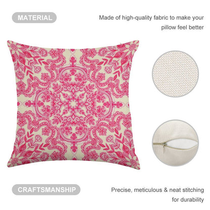 Hot Pink & Soft Cream Folk Art Pattern Linen Throw Pillow Cover