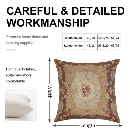 Antique Rose Floral French Aubusson Rug Print Linen Throw Pillow Cover