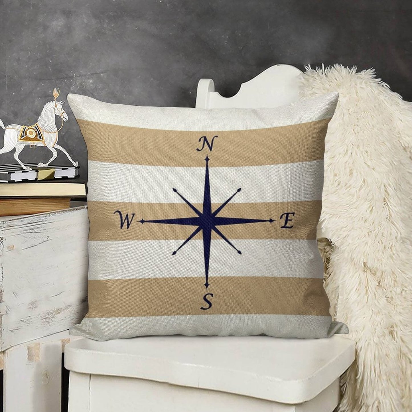 Nautical Navy Blue Compass On Tropical Tan And White Stripes Linen Throw Pillow Cover