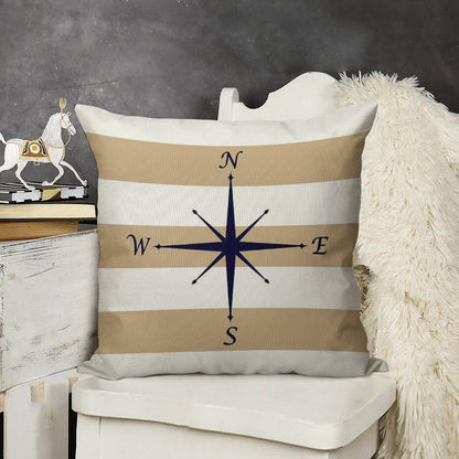 Nautical Navy Blue Compass On Tropical Tan And White Stripes Linen Throw Pillow Cover