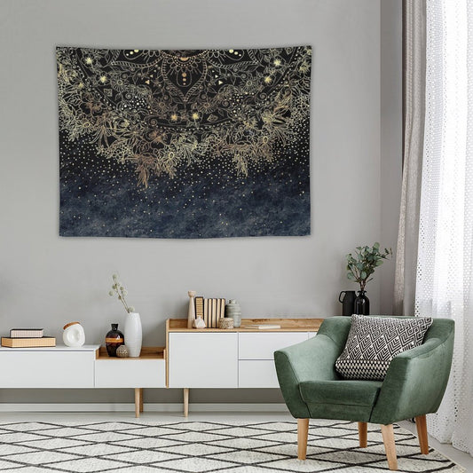 Blue Gold Mandala Floral Tapestry