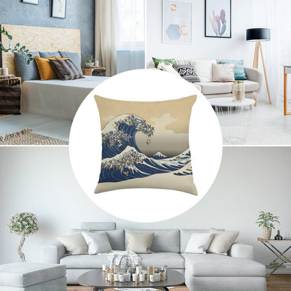 The Great Wave of Pugs Vanilla Sky Linen Throw Pillow Cover