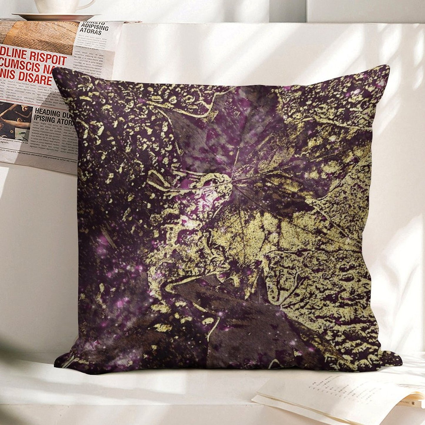 Two Purple Leaves in Melted Gold Linen Throw Pillow Cover