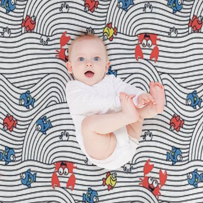 Grafic Waves from Stripes with Fish And Crabs. Sea Seamless Pattern. Throw Blanket