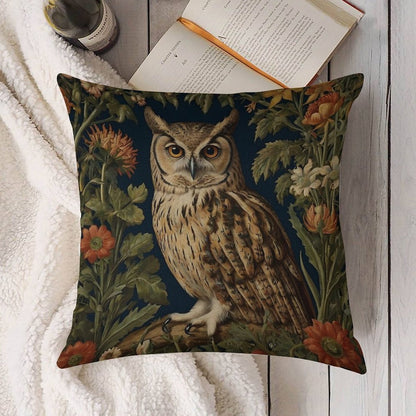 Vintage Forest Owl William Morris Style Linen Throw Pillow Cover