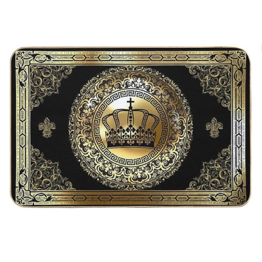 Ornate Baroque Crown Black Gold Greek Key Bath Mat