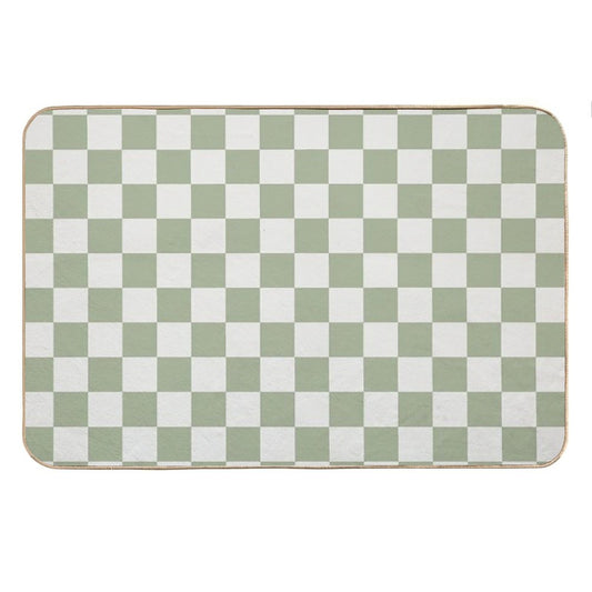 Checkerboard Mini Check Pattern in Sage Green And Off White Bath Mat