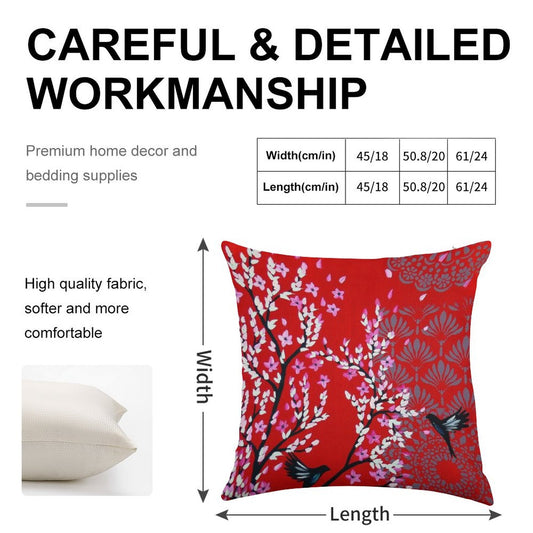 Red Cherry Blossom Linen Throw Pillow Cover