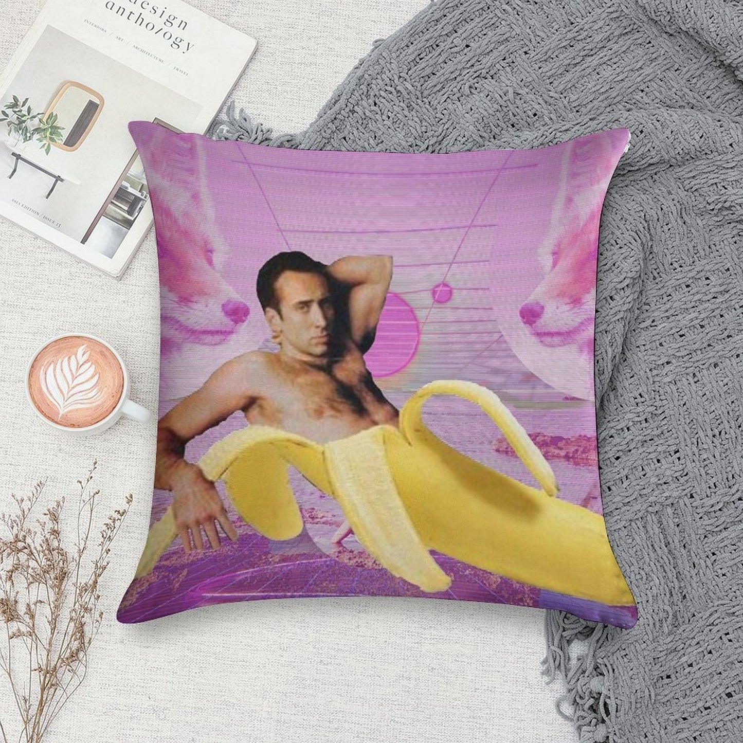 Nicholas Cage Banana Vaporwave Soft Luxury Feel Throw Pillow