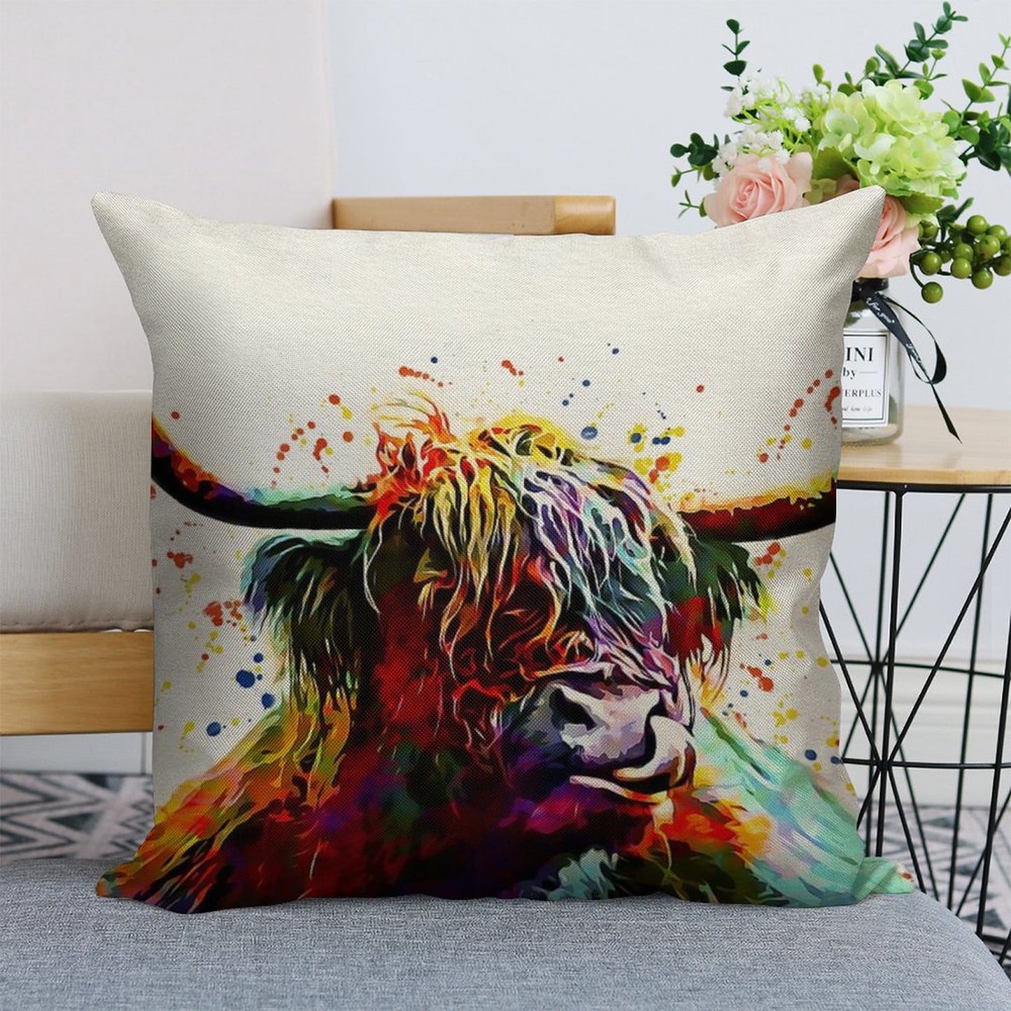 Highland Cow Watercolor Art Work Linen Throw Pillow Cover