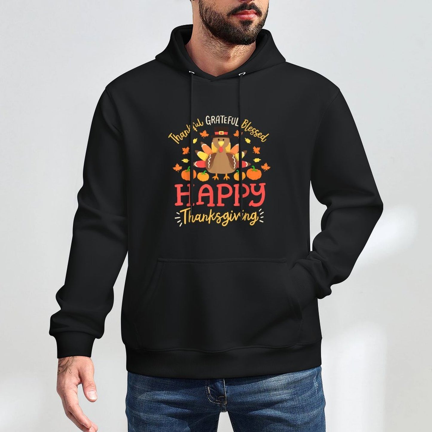 Thankful Grateful Blessed Happy Thanksgiving Turkey Gobble Machine Washable Hoodie