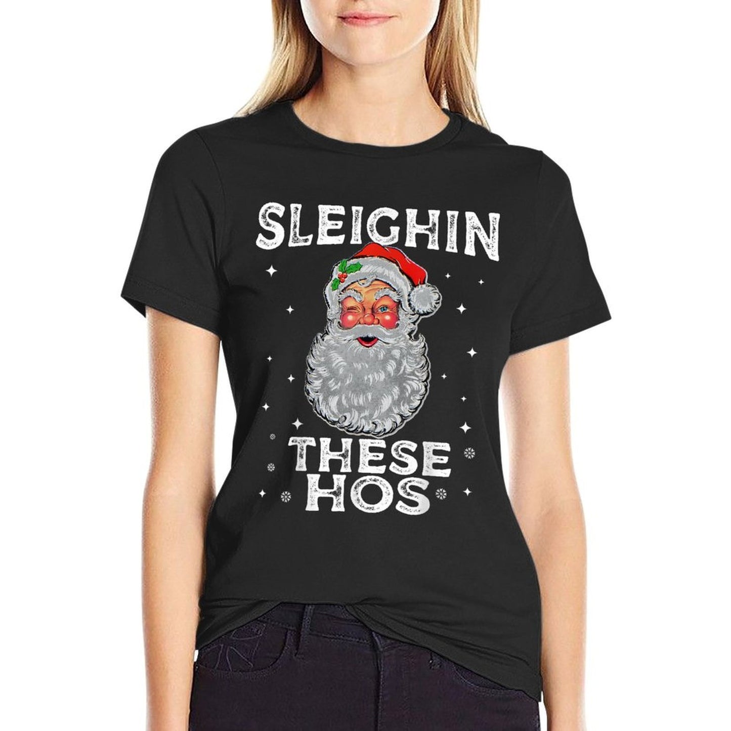 Funny Sleighin These Hos Quote Xmas Santas Sleigh Adult Joke  Oversized Silhouette T-Shirt