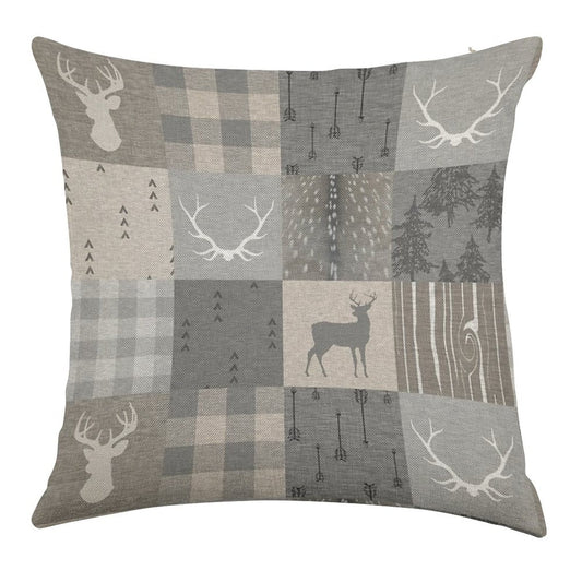 Rustic Woodland Patchwork - Grey And Beige Linen Throw Pillow Cover