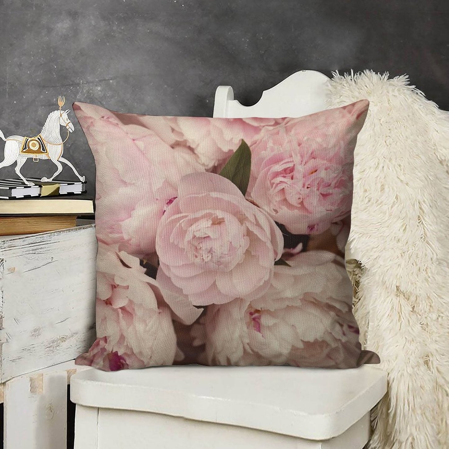 Pink Peony Flowers Linen Throw Pillow Cover