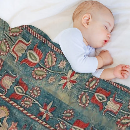 ANTIQUE  RED BLUE SWEDISH TAPESTRY WITH DEERS AND FLOWERS Throw Blanket