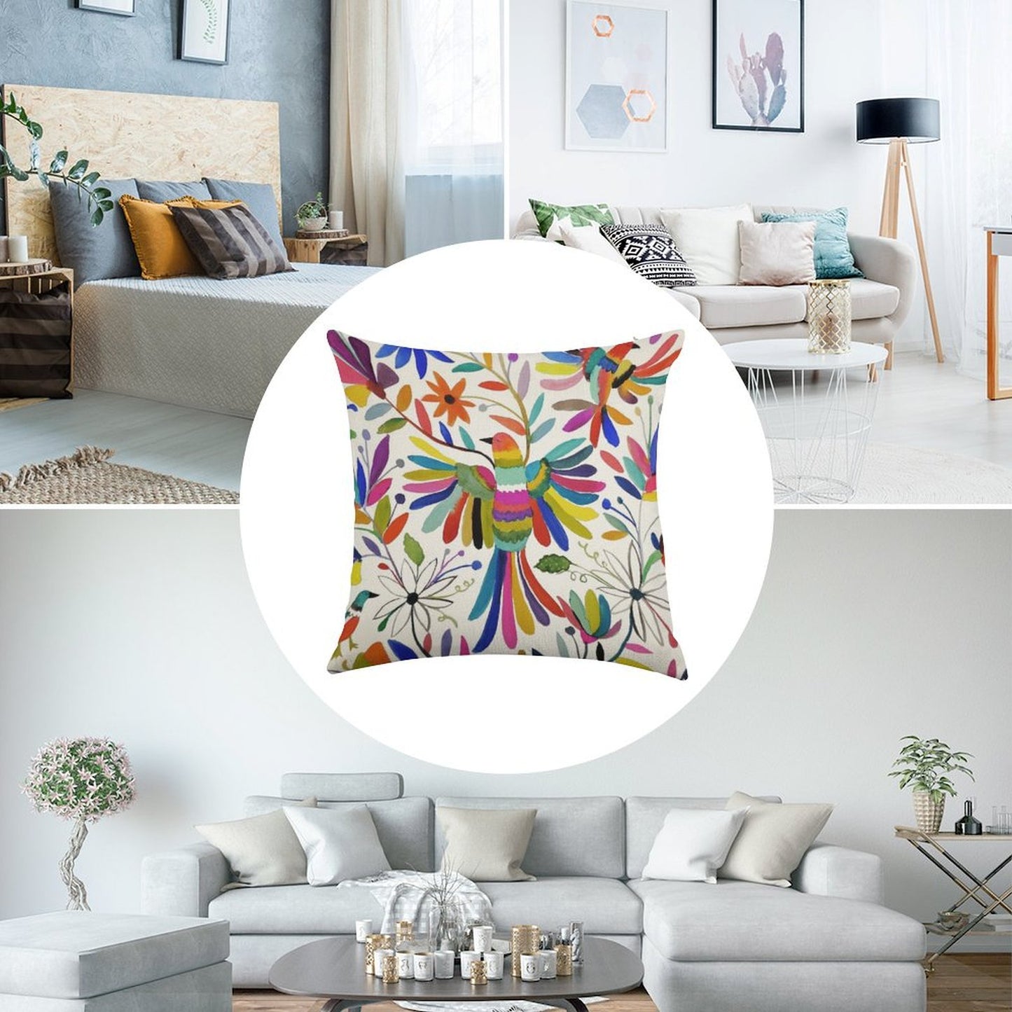 Otomi Bird Linen Throw Pillow Cover