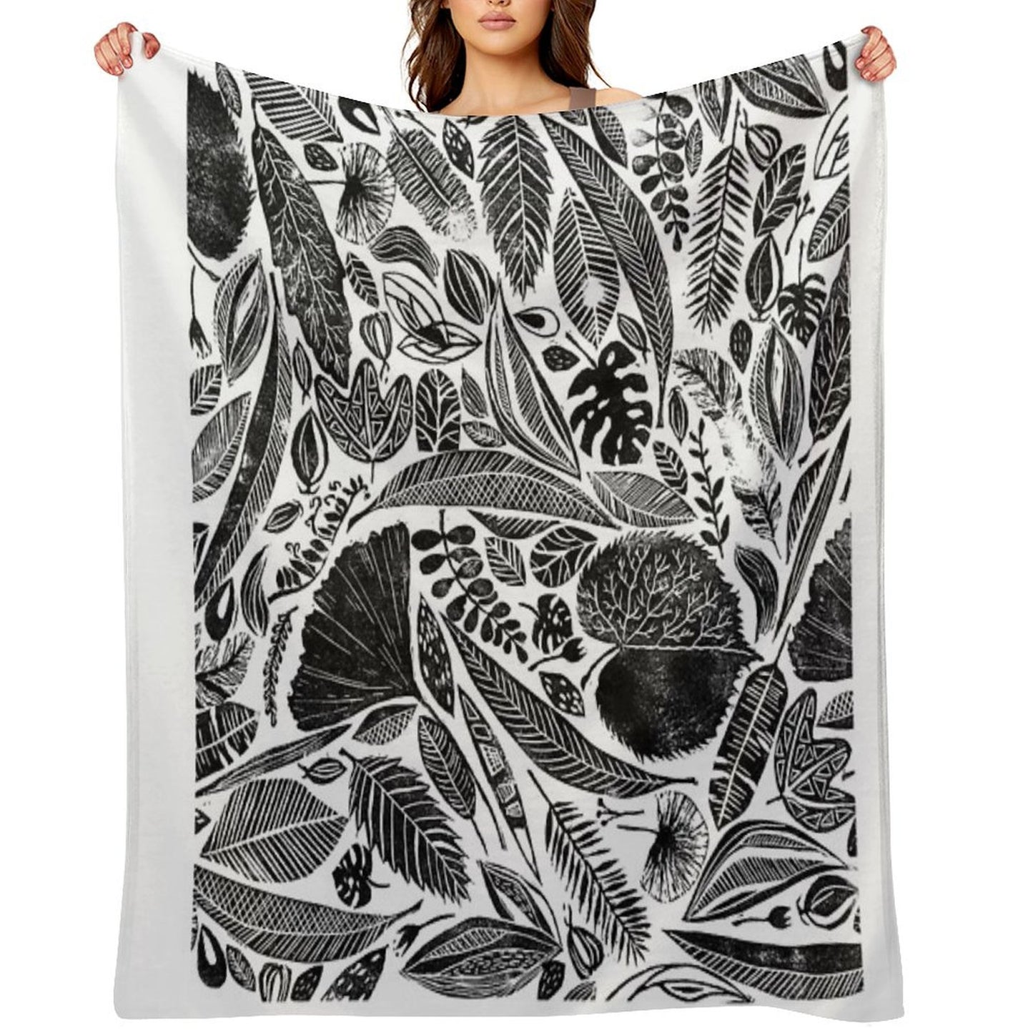 Mixed Leaves, Lino Cut Printed Nature Inspired Hand Printed Pattern Throw Blanket