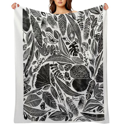 Mixed Leaves, Lino Cut Printed Nature Inspired Hand Printed Pattern Throw Blanket