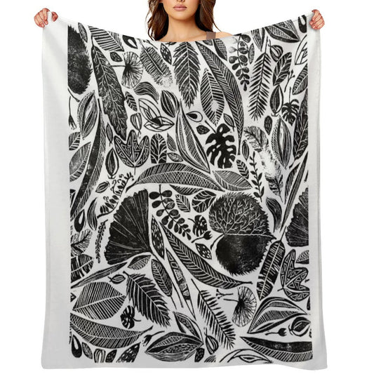 Mixed Leaves, Lino Cut Printed Nature Inspired Hand Printed Pattern Throw Blanket