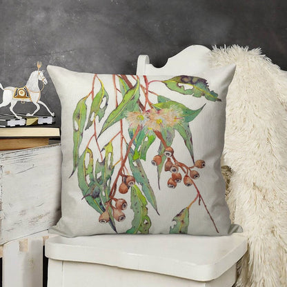 Watercolour Eucalyptus Tree Branch with White Flowers & Gumnuts. Linen Throw Pillow Cover