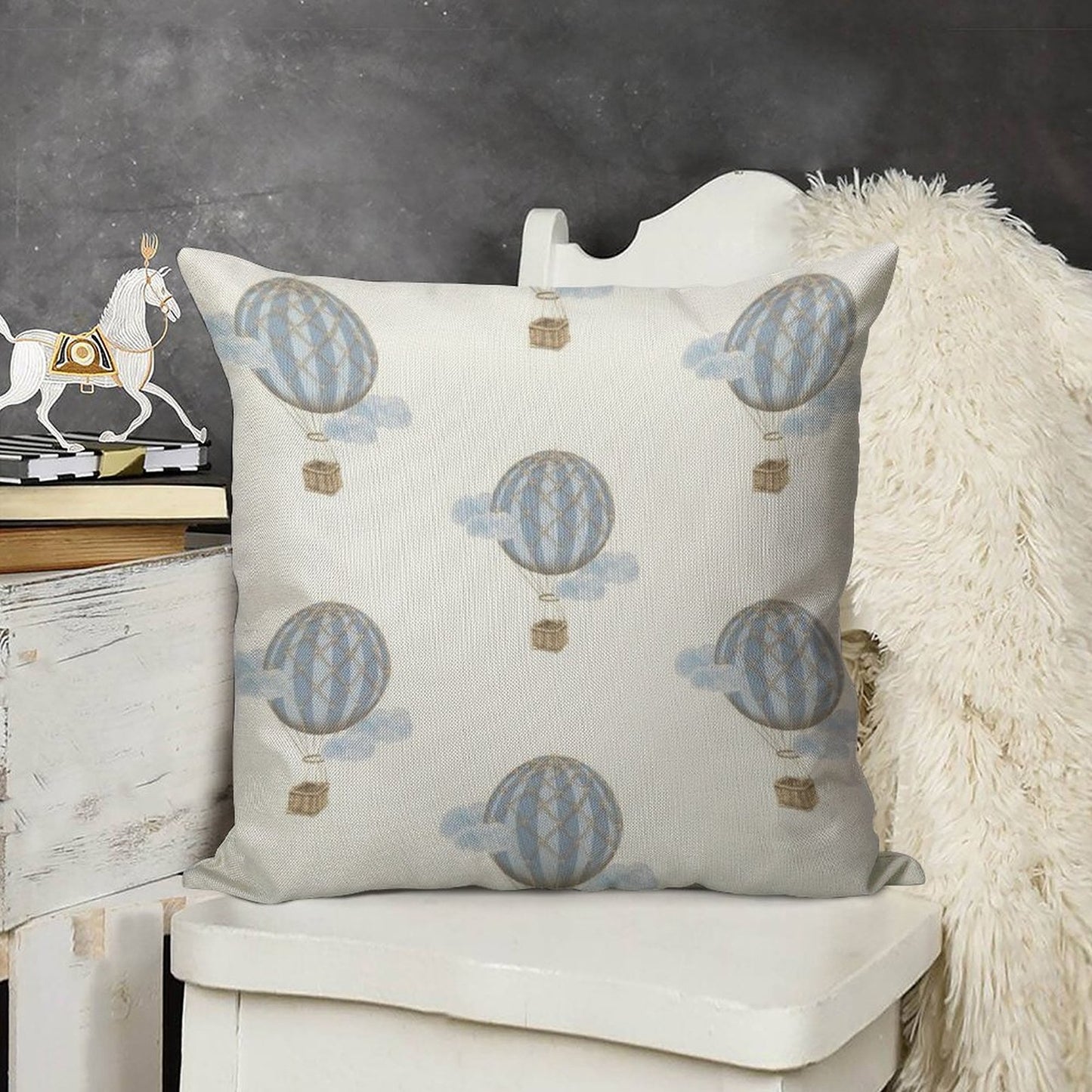 Blue Vintage Hot Air Balloon Linen Throw Pillow Cover